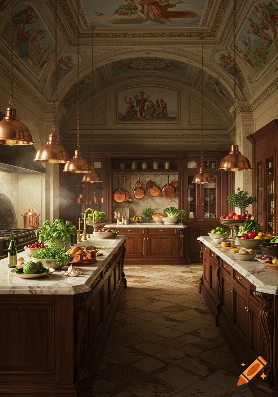 A grand, luxurious kitchen with marble islands, fresh produce, copper pots, wooden cabinets, and ornate frescoed ceilings.