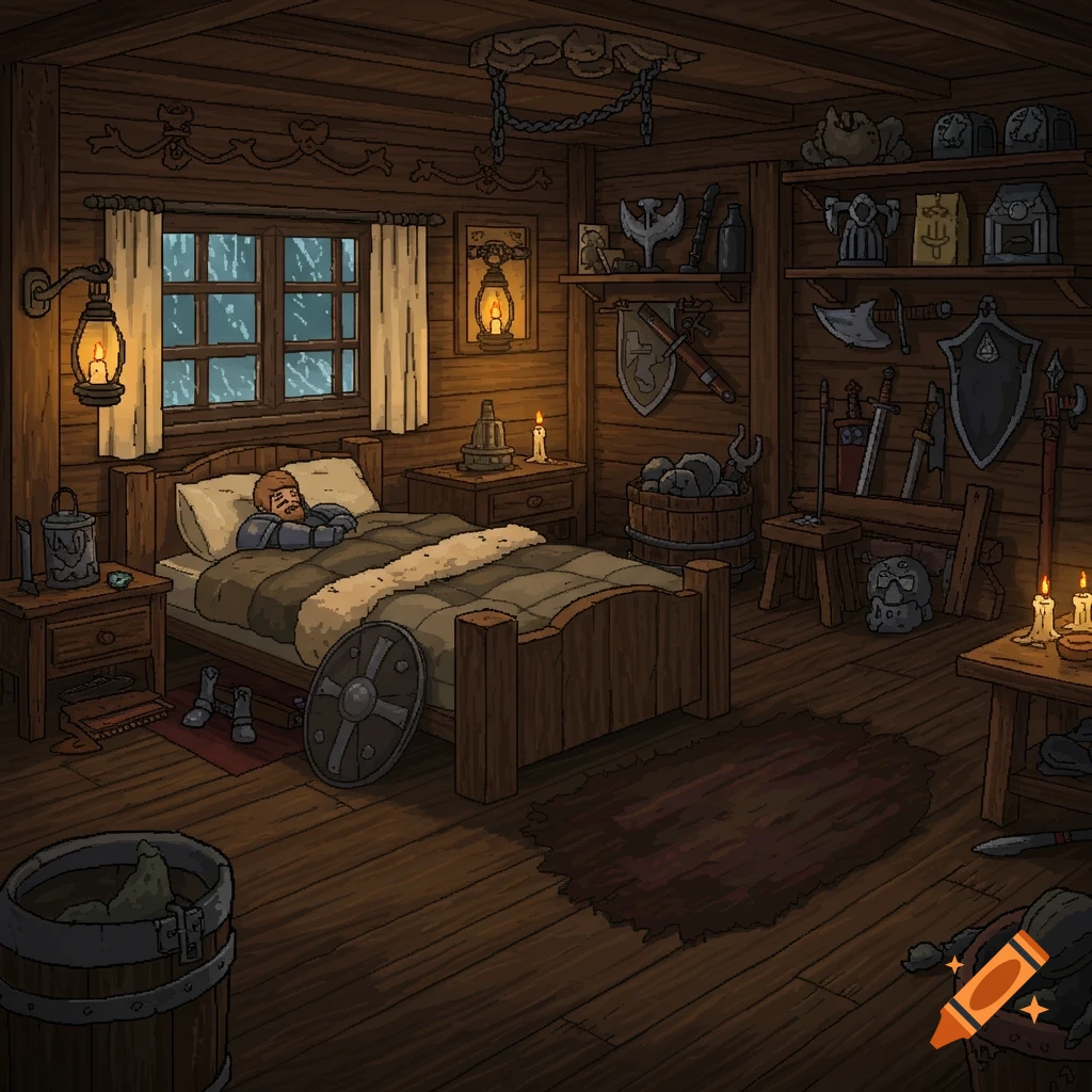 Pixel art of a knight sleeping in a cozy, candlelit wooden fantasy cabin at night, with rain falling outside a window.