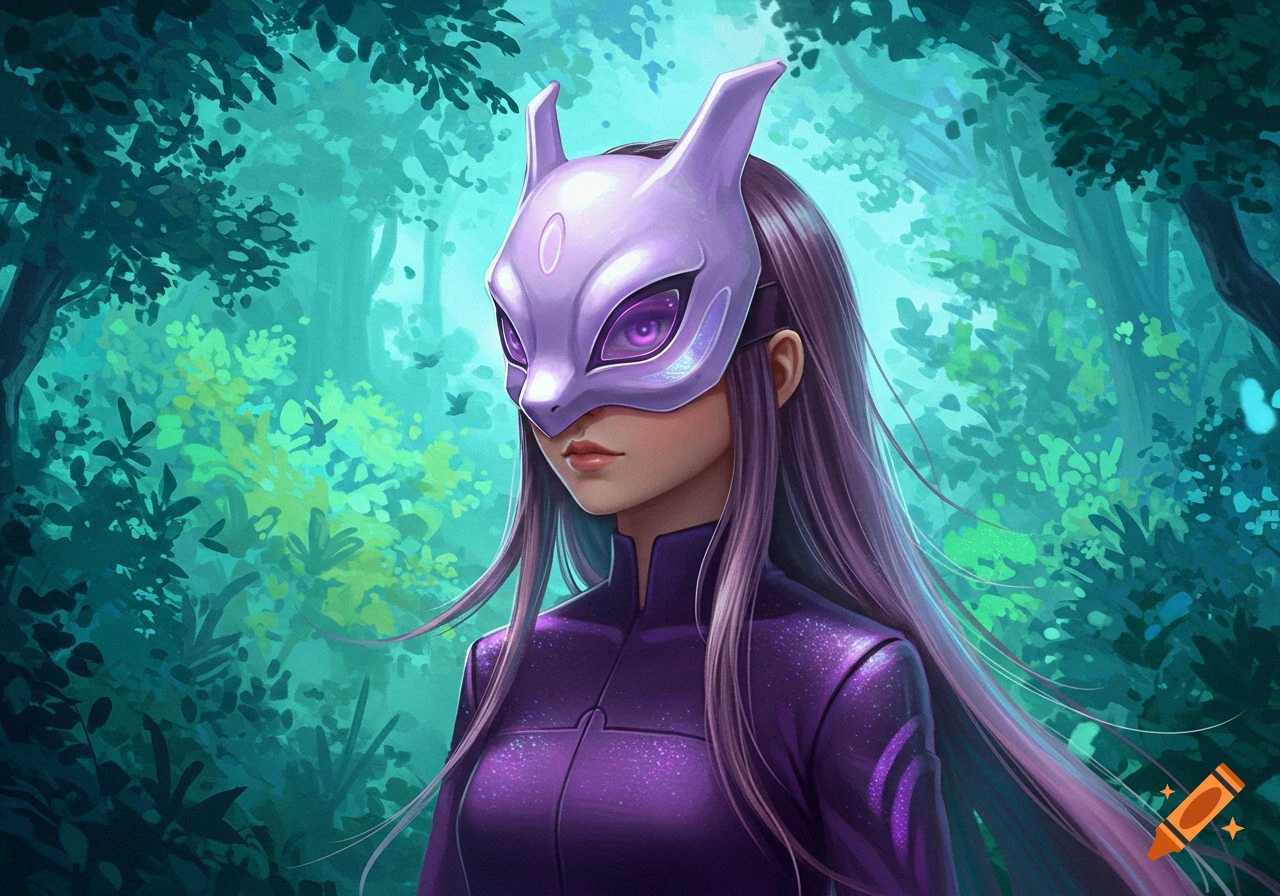 A stylized digital art portrait of a girl wearing a purple Mewtwo mask and matching outfit, standing in a vibrant green forest.