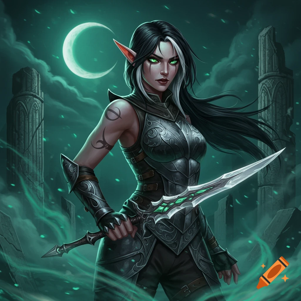 A female elf warrior with black and white hair, green eyes, holding a dagger in misty ruins under a crescent moon.