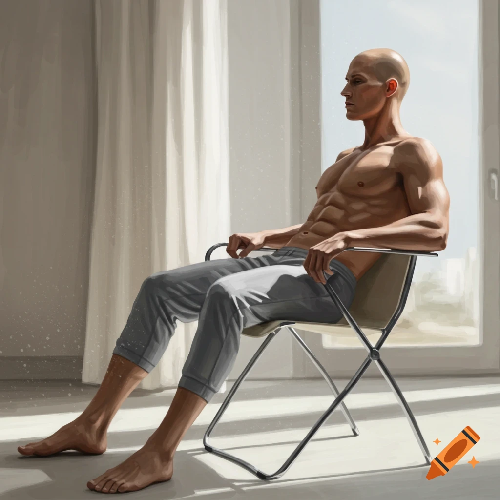 A painterly depiction of a bald, fit man with defined abs, wearing grey pants, sitting in a folding chair by a sunlit window.