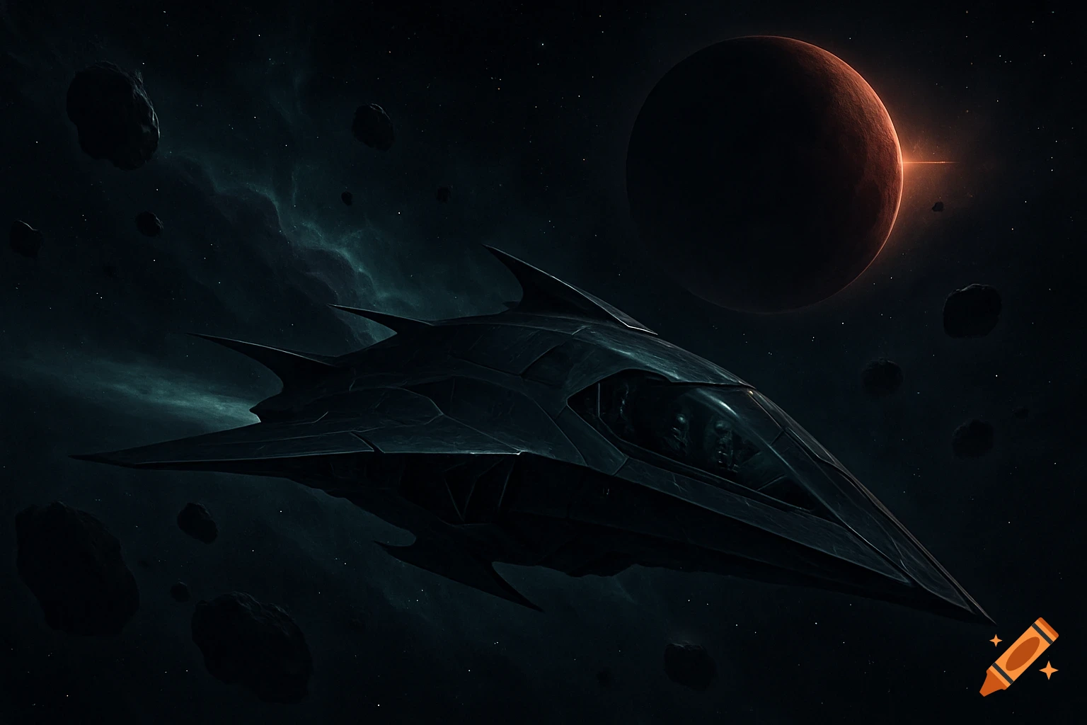 A dark, angular spaceship flies through deep space near a red planet and asteroids, with a nebula in the background.