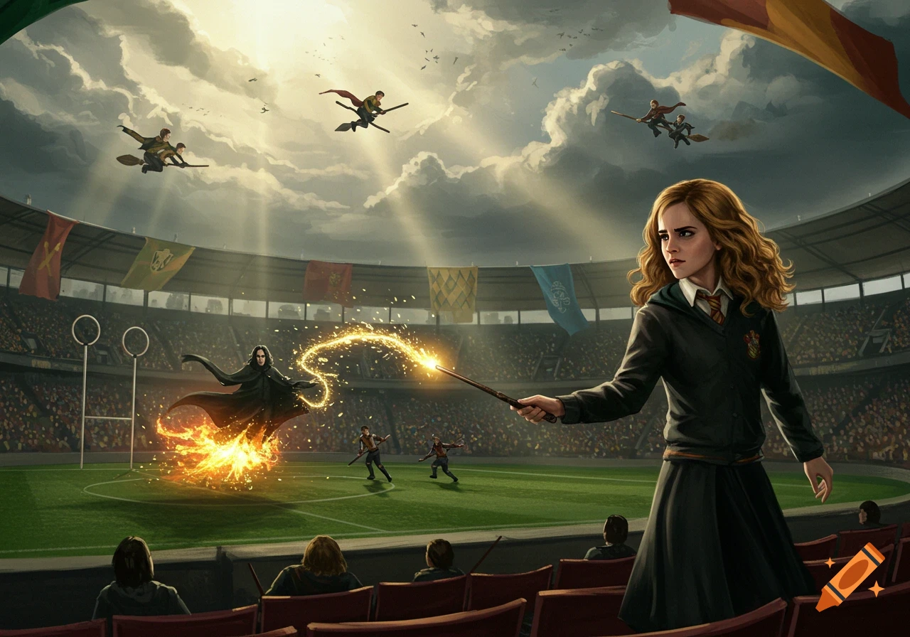 Hermione Granger casts a spell at Snape, setting his cloak on fire during a Quidditch match. Digital art.