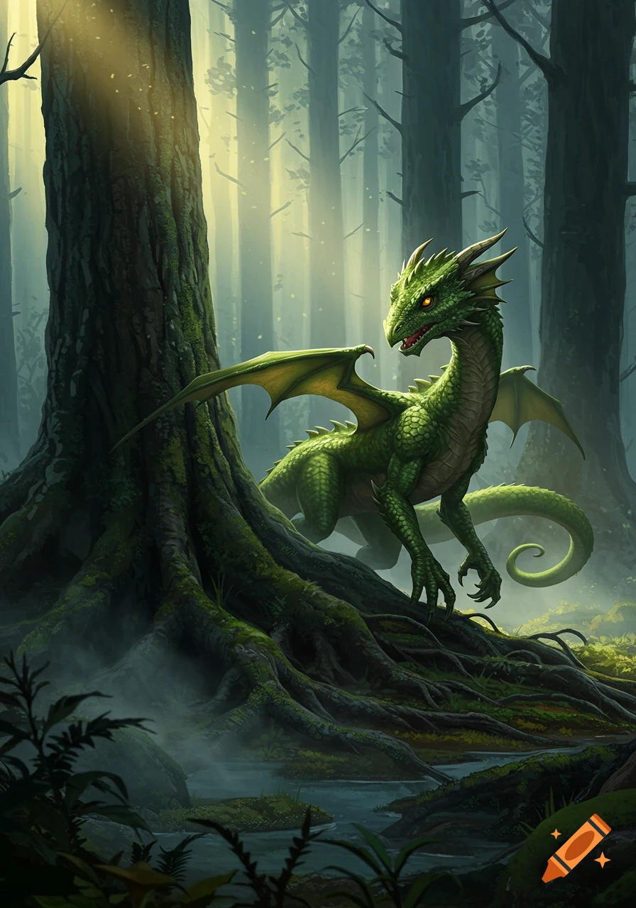 A vibrant green dragon stands on mossy roots in a sun-dappled, misty forest, looking alert.