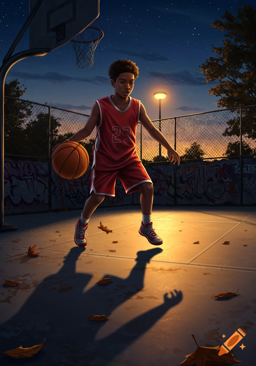 A young boy in a red jersey with number 23 dribbles a basketball on a court at dusk, under a streetlamp.