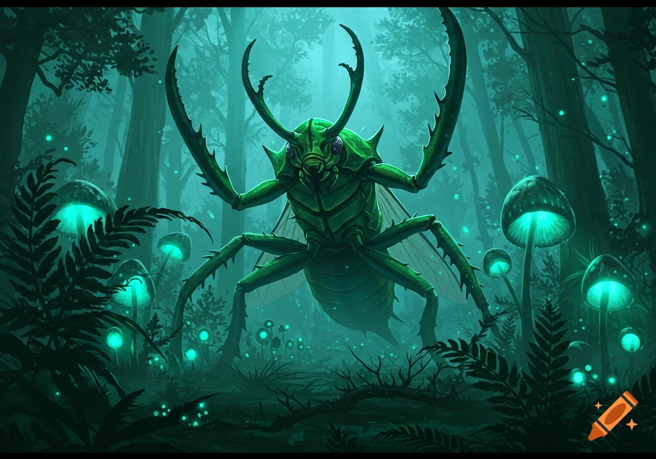 A large green beetle-like creature with scythe-like arms stands in a dark, mystical forest with glowing blue mushrooms and plants.