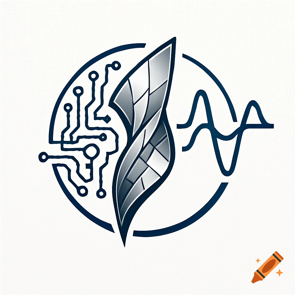 A logo featuring a circuit board, a stylized metallic leaf, and a waveform within a circular border.