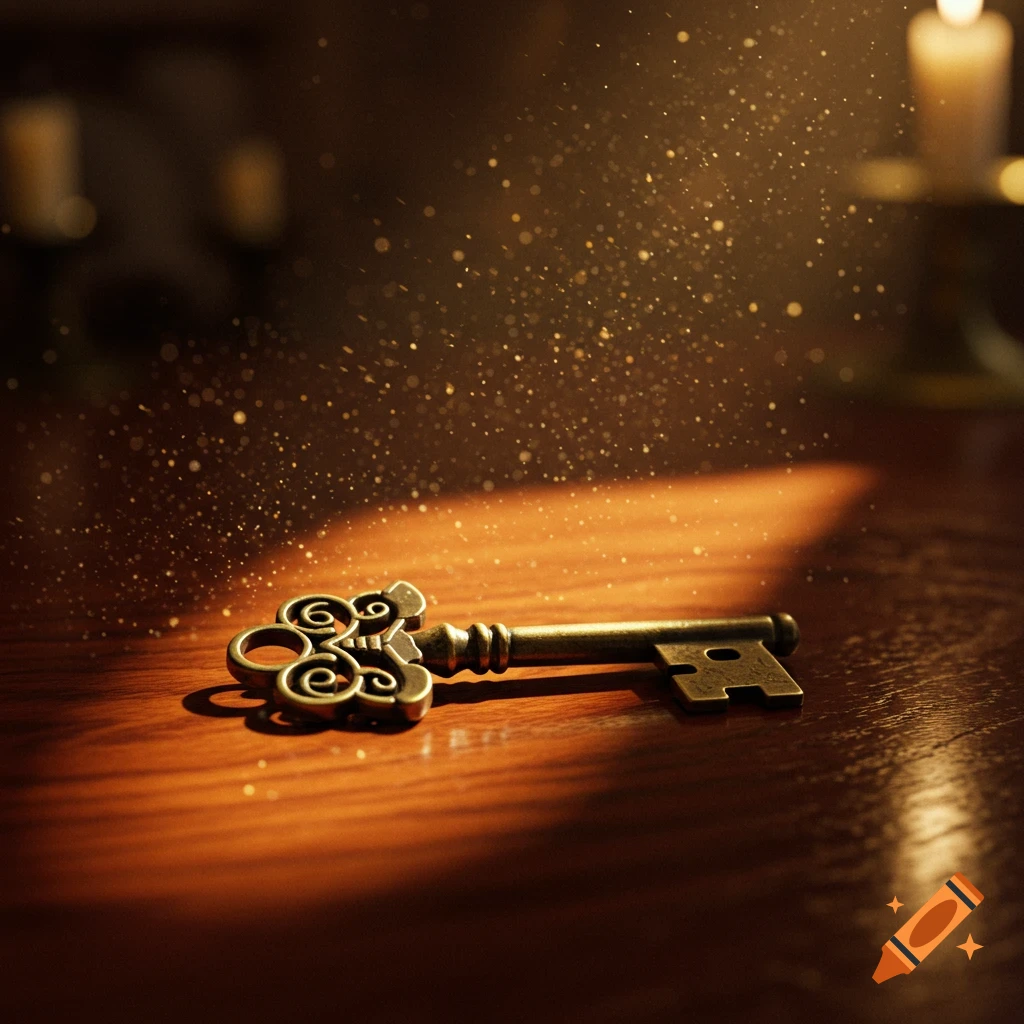 A vintage, ornate metal key lies on a polished wooden table, illuminated by a shaft of light with dust motes.