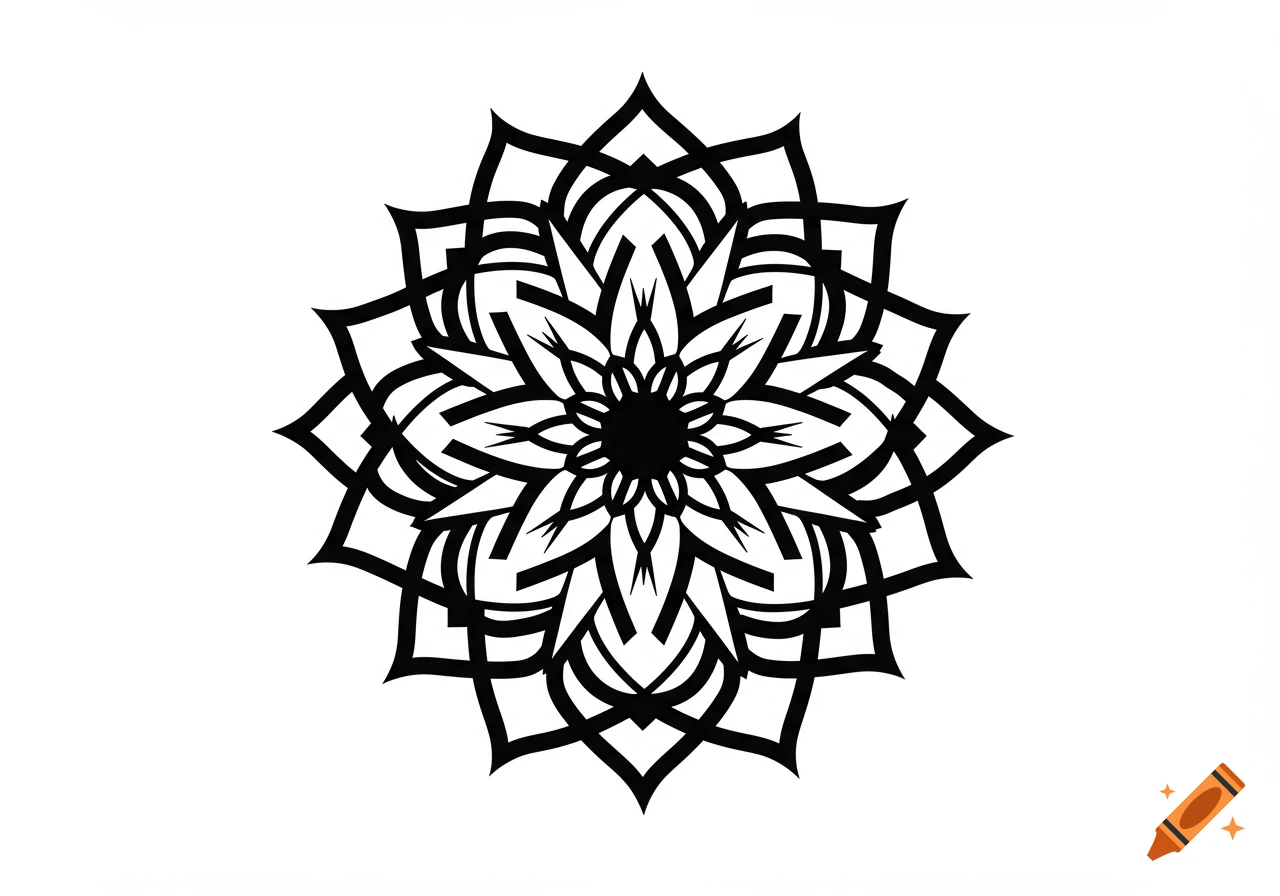 Black and white symmetrical mandala-style geometric floral pattern with intricate lines.