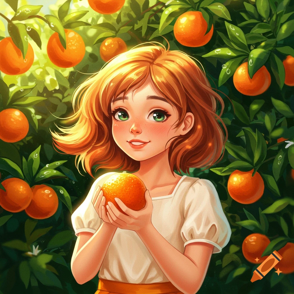 A cute anime girl with red hair and green eyes holds an orange, smiling in a sunny orange grove.