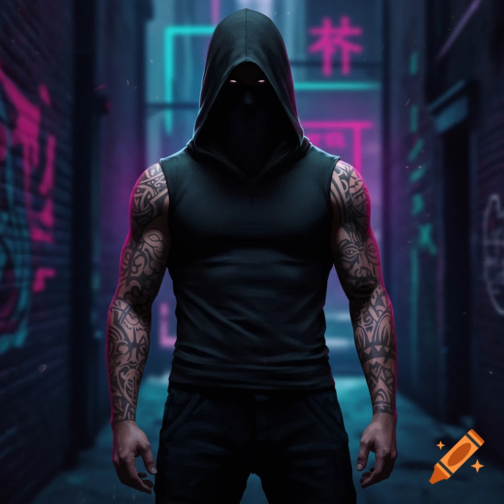 A mysterious hooded figure with glowing eyes and extensive arm tattoos stands in a dark, neon-lit cyberpunk alley.