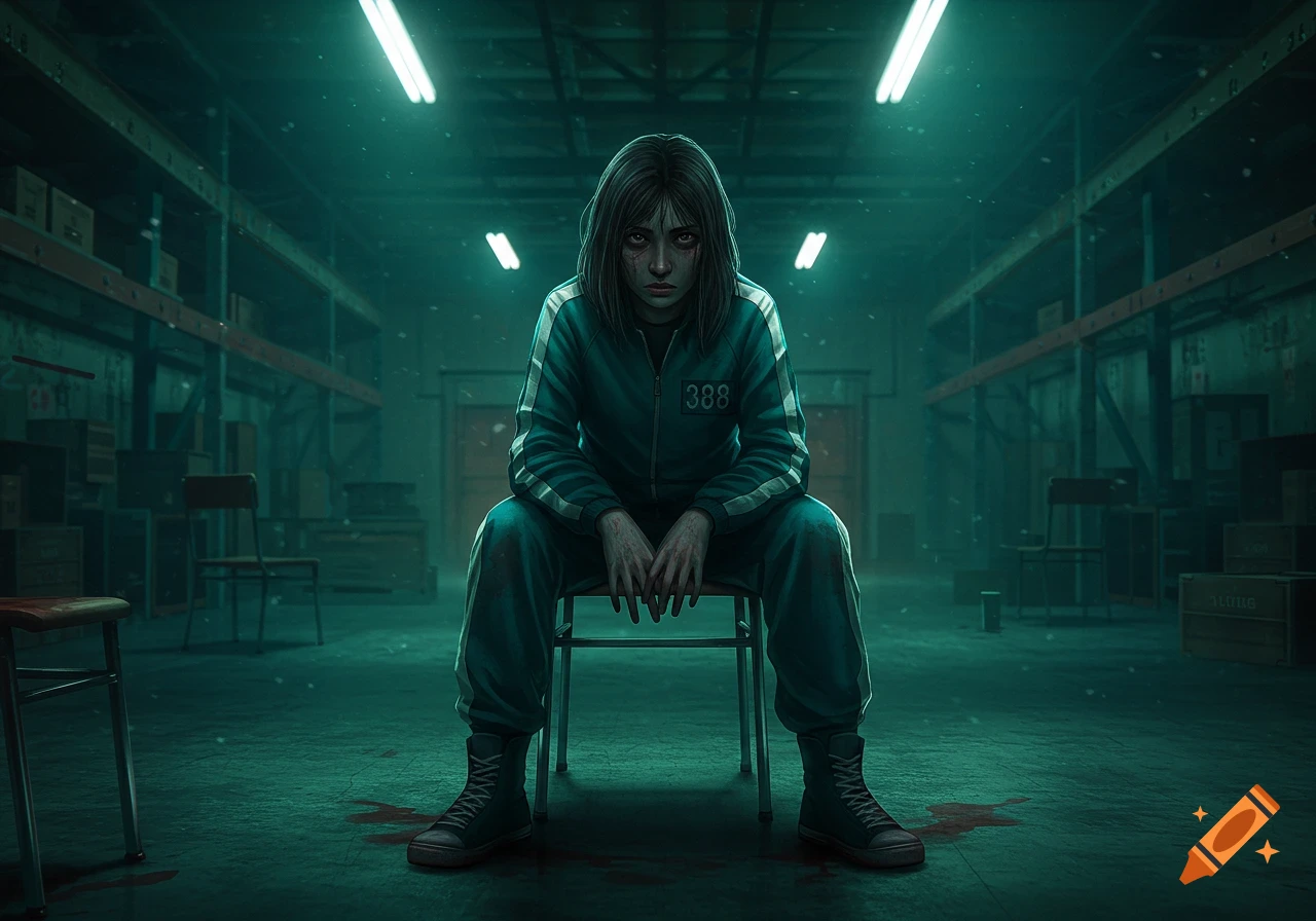 A distressed person, player 388, with blood on face and hands, sits on a chair in a dark, grimy warehouse with bloodstains on the floor, in a dramatic, photorealistic style.