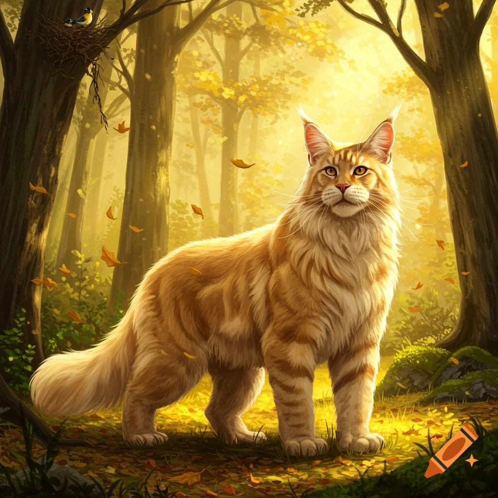 A majestic, fluffy orange Maine Coon cat with bright eyes stands in a sunlit autumn forest with golden leaves falling.