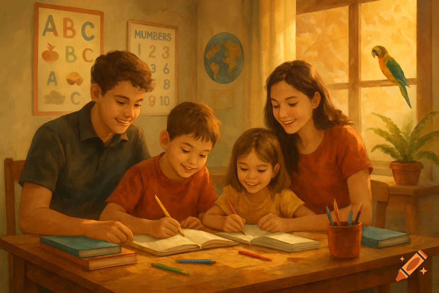 Four children of varying ages are gathered around a table, smiling and doing homework or schoolwork together, in a warm, painterly style.
