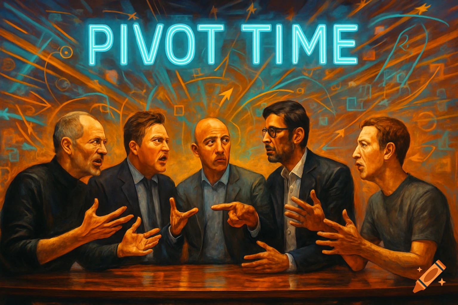 Digital painting of five tech leaders including Jeff Bezos and Elon Musk debating at a table under neon 'PIVOT TIME' text.