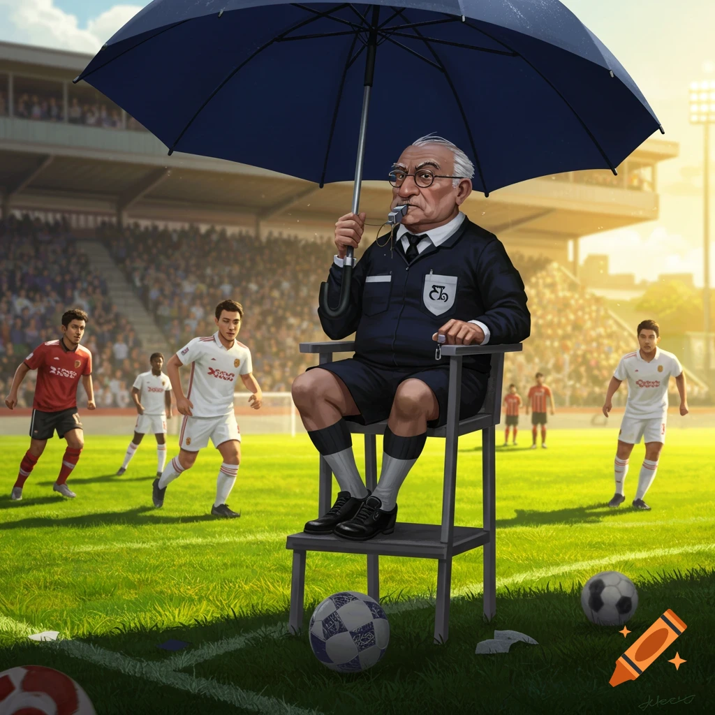 Cartoon illustration of an old soccer referee with an umbrella in a high chair on a field with players and crowd.