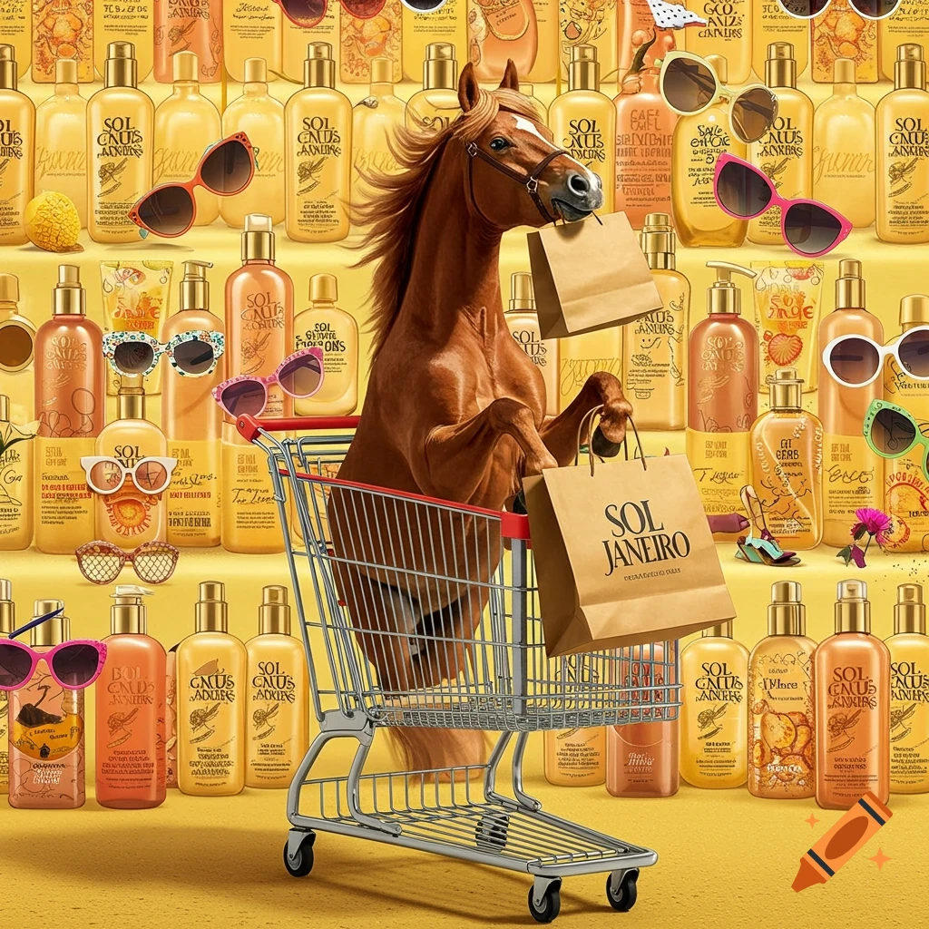 A brown horse standing in a silver shopping cart, holding two paper shopping bags, surrounded by shelves filled with yellow cosmetic bottles and various sunglasses. Photorealistic style.