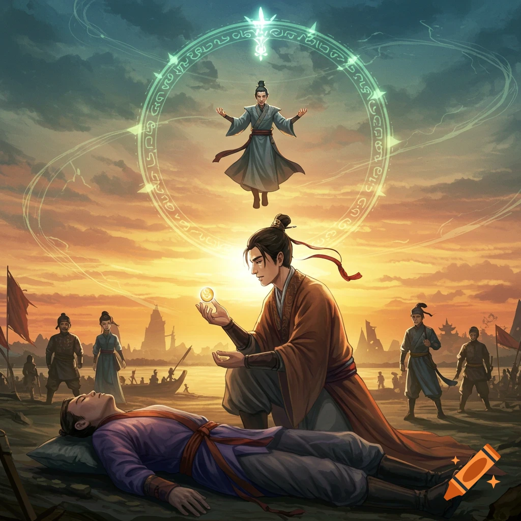 A fantasy illustration of a man kneeling by another man who lies unconscious. He holds a glowing orb, while a third man floats above in a magical circle at sunset.