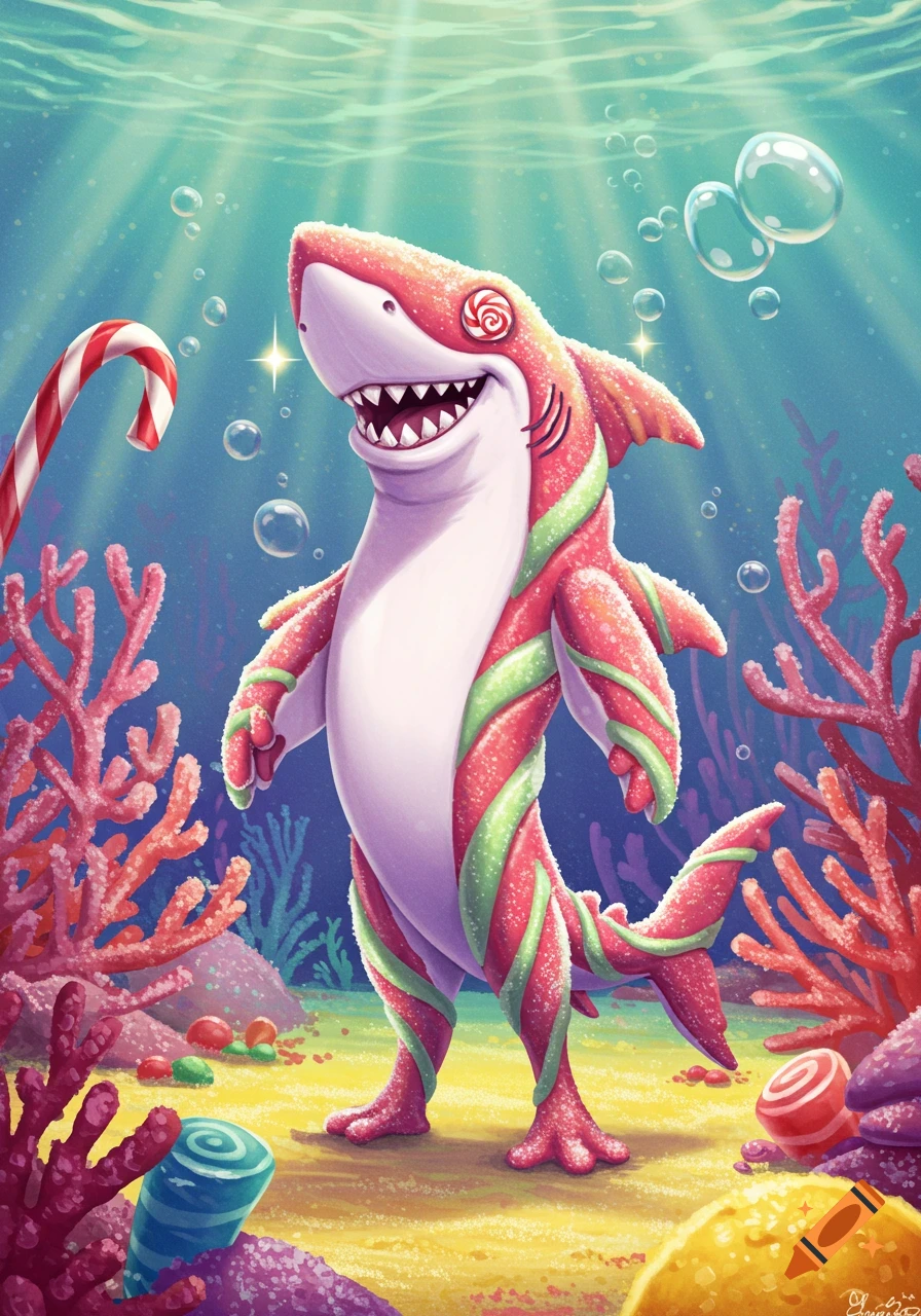 Vibrant cartoon of an anthropomorphic candy shark with red and white stripes and sugar crystals, standing underwater among coral and candy.