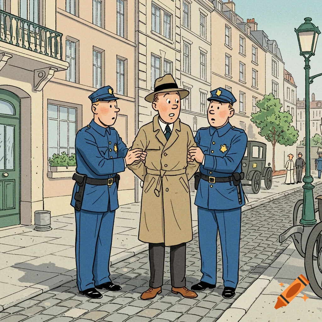 Two policemen in blue uniforms arrest a man in a trench coat on a cobblestone street, in the style of Herg .