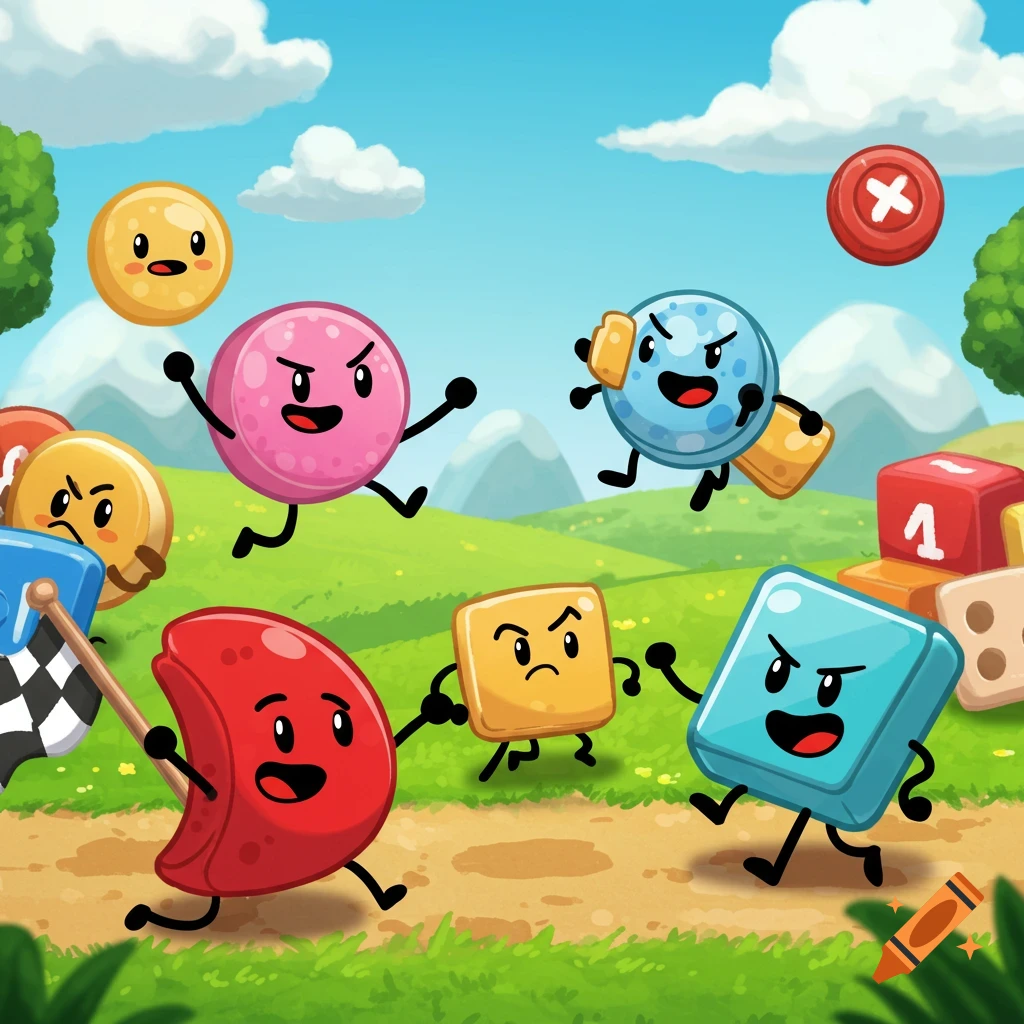 Cartoon geometric shapes with faces and limbs run a playful race across a green field. One holds a checkered flag.
