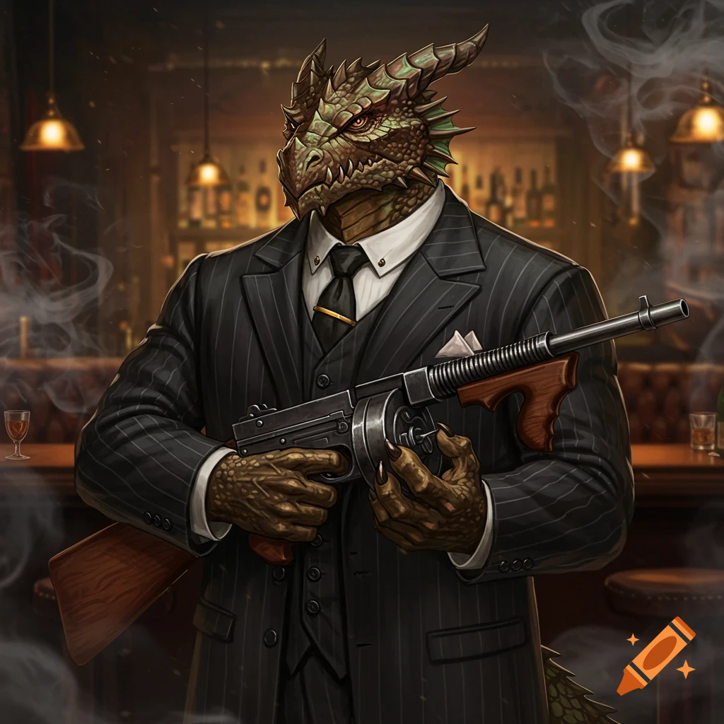 A dragonborn in a pinstripe suit holds a tommy gun in a dimly lit bar, in a mafia-style scene.