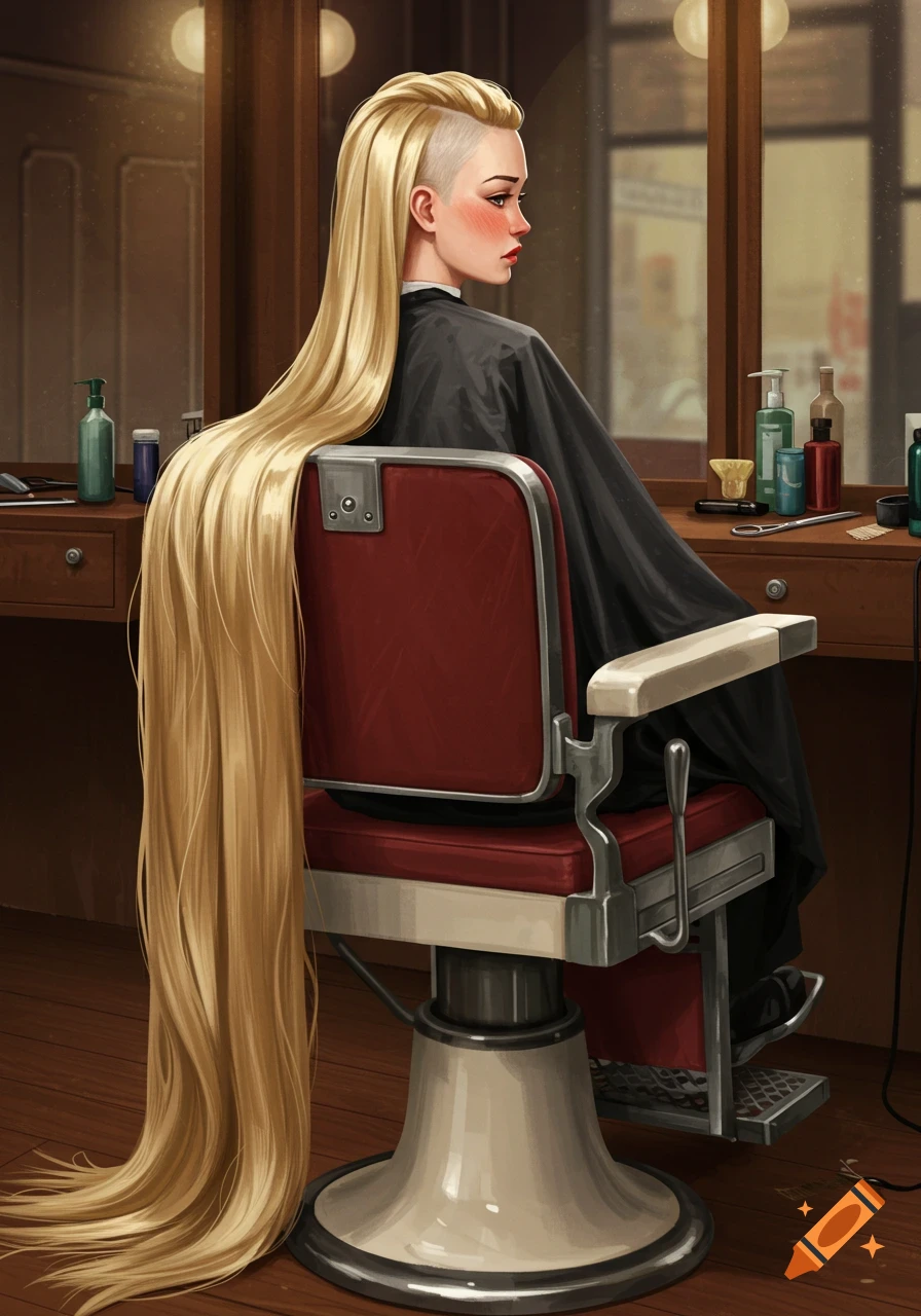 Illustration of a woman with an extreme half buzzcut and very long blonde hair flowing over a red barber chair in a salon.