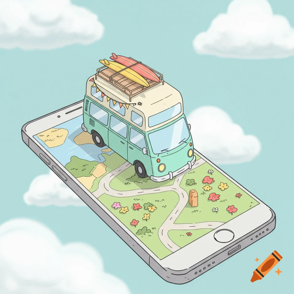 A cartoon light green camper van with surfboards on its roof sits on a smartphone displaying a map, against a light blue sky with clouds.