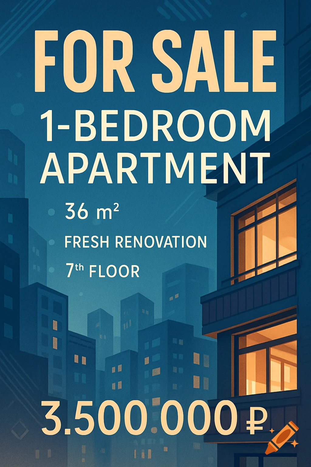 An illustrated blue and orange real estate advertisement poster for a 1-bedroom apartment in a city.
