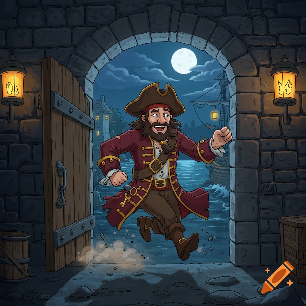 A cheerful cartoon pirate with a beard runs out of a stone archway at night towards a ship on the stormy sea.