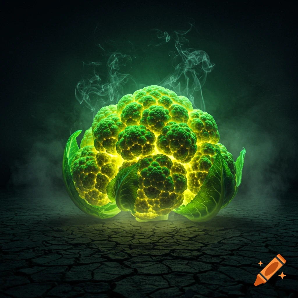 A glowing green and yellow cauliflower sits on cracked earth with smoke against a dark background, photorealistic style.