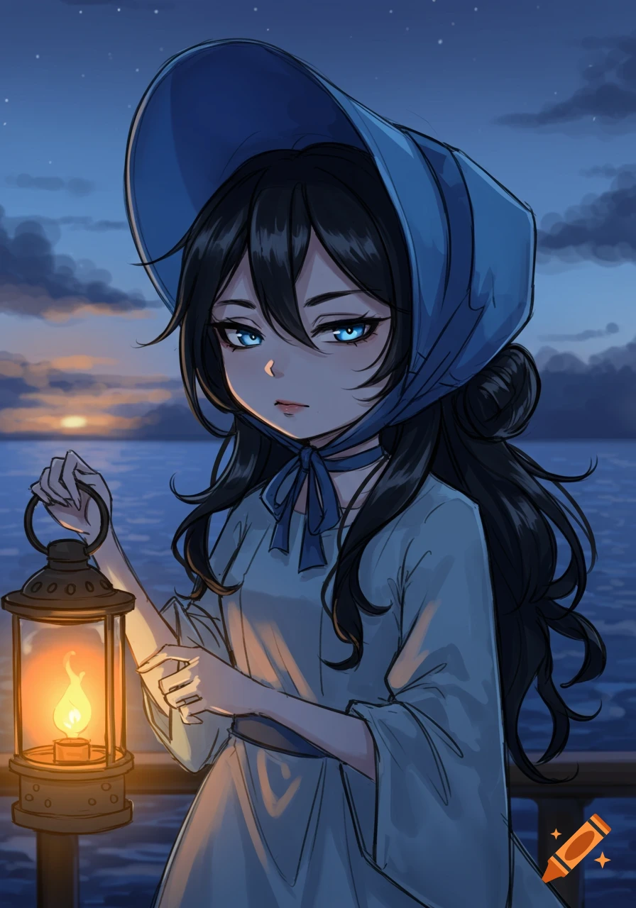 A stylized girl with long black hair, blue bonnet, and glowing blue eyes holds a lit lantern on a deck at dusk by the sea.