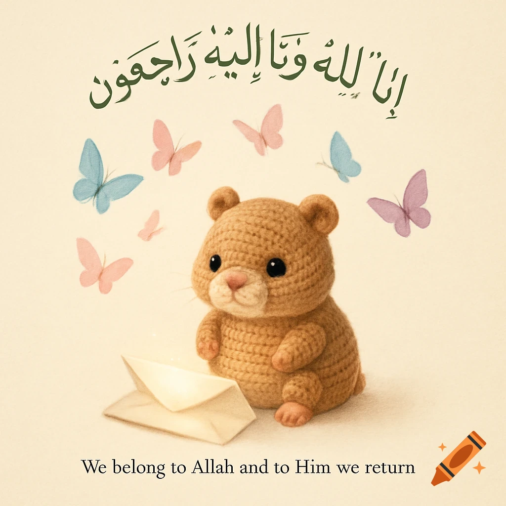 A crocheted brown bear sits next to a glowing envelope, with pastel butterflies flying upwards. Arabic and English text reads, "We belong to Allah and to Him we return."