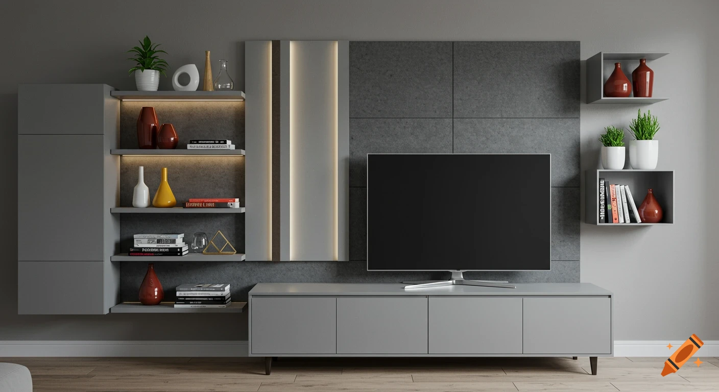 A modern living room TV wall unit with a gray lowboard, wall-mounted shelves, acoustic panels, and decorative items.