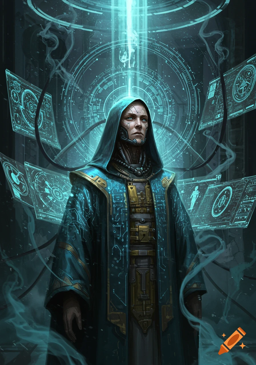 A futuristic hooded figure in a blue circuit-patterned robe stands amidst glowing holographic screens in a sci-fi setting.