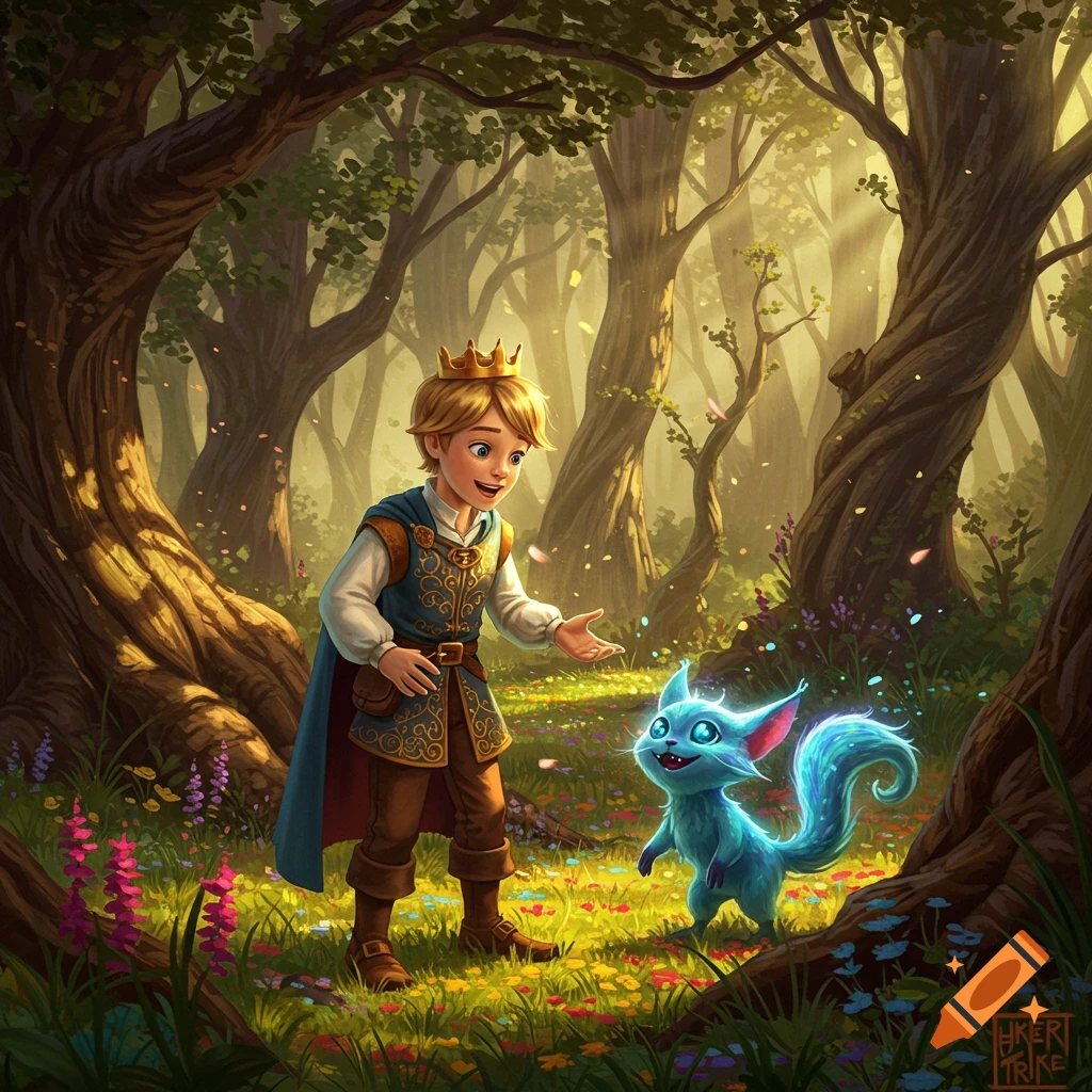 A smiling prince in a crown and regal attire gestures towards a small, glowing blue fantasy creature in a sunlit, vibrant forest.