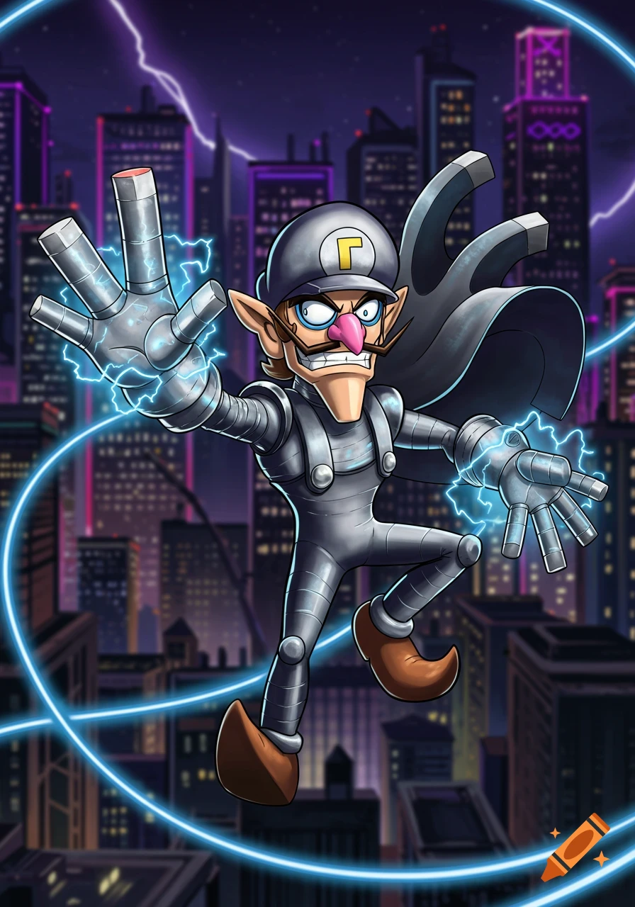Cartoon Waluigi superhero in a silver suit and cape, emitting blue lightning, over a dark city at night.
