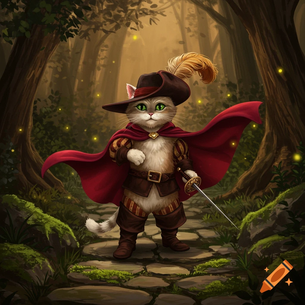 A fantasy illustration of a cat in a brown hat and flowing red cape, holding a sword, standing on a forest path with glowing orbs.