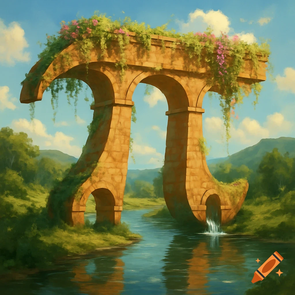 A giant, ancient stone aqueduct shaped like the Greek letter Pi, overgrown with vines and flowers, spans a river in a lush, green valley under a blue sky. Painterly style.