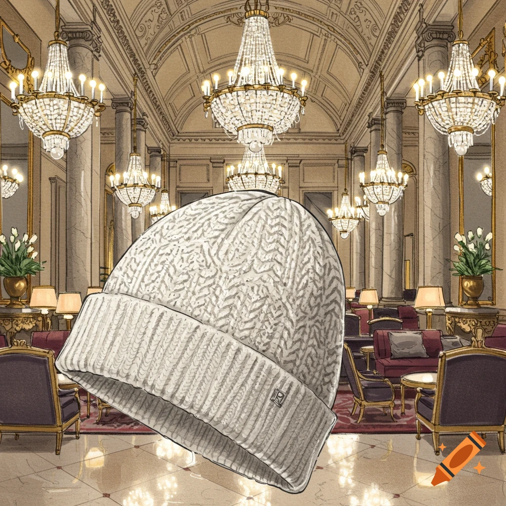 A white knitted beanie with a small, stylized logo on the cuff floats in a richly decorated, opulent hotel lobby with multiple chandeliers, in an illustrative style.