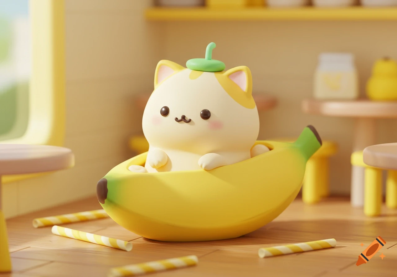 Cute 3D illustration of a cream-colored cat wearing a green cap, sitting inside a banana boat in a sunlit cafe.