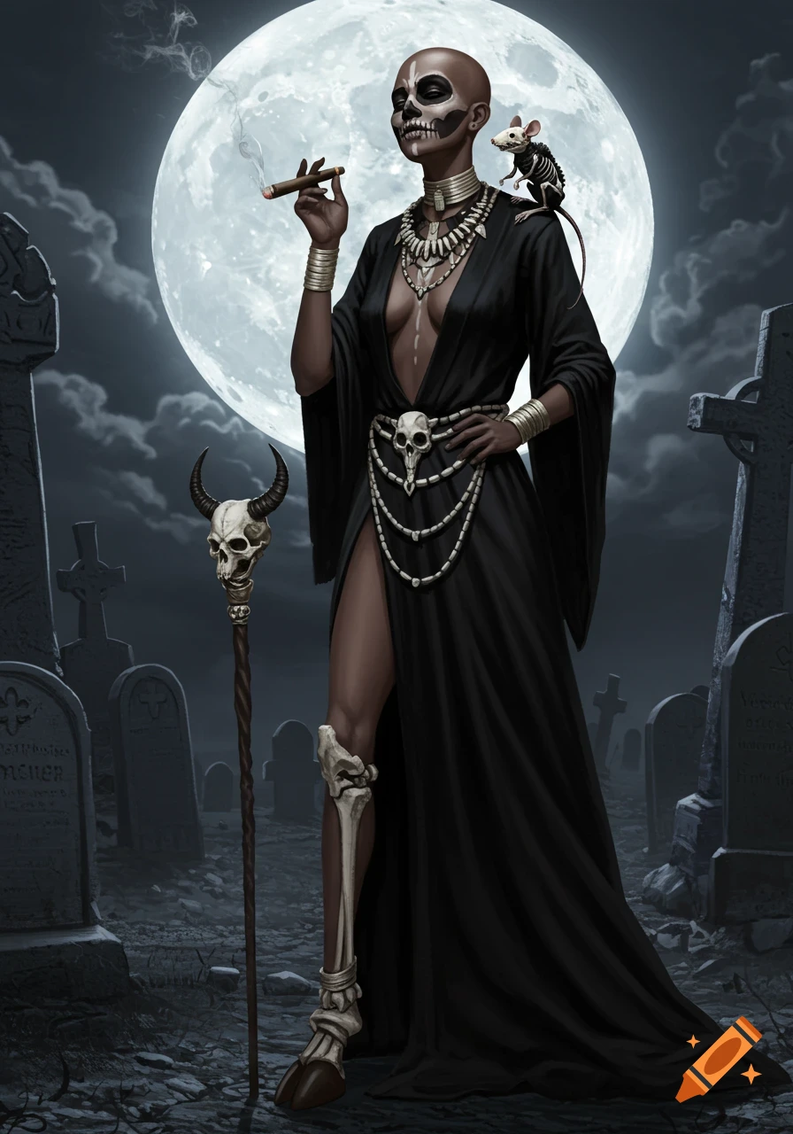 A bald woman with skull face paint, a black robe, bone ornamentation, and a skeletal mouse on her shoulder smokes a cigar in a cemetery under a full moon, digital painting.