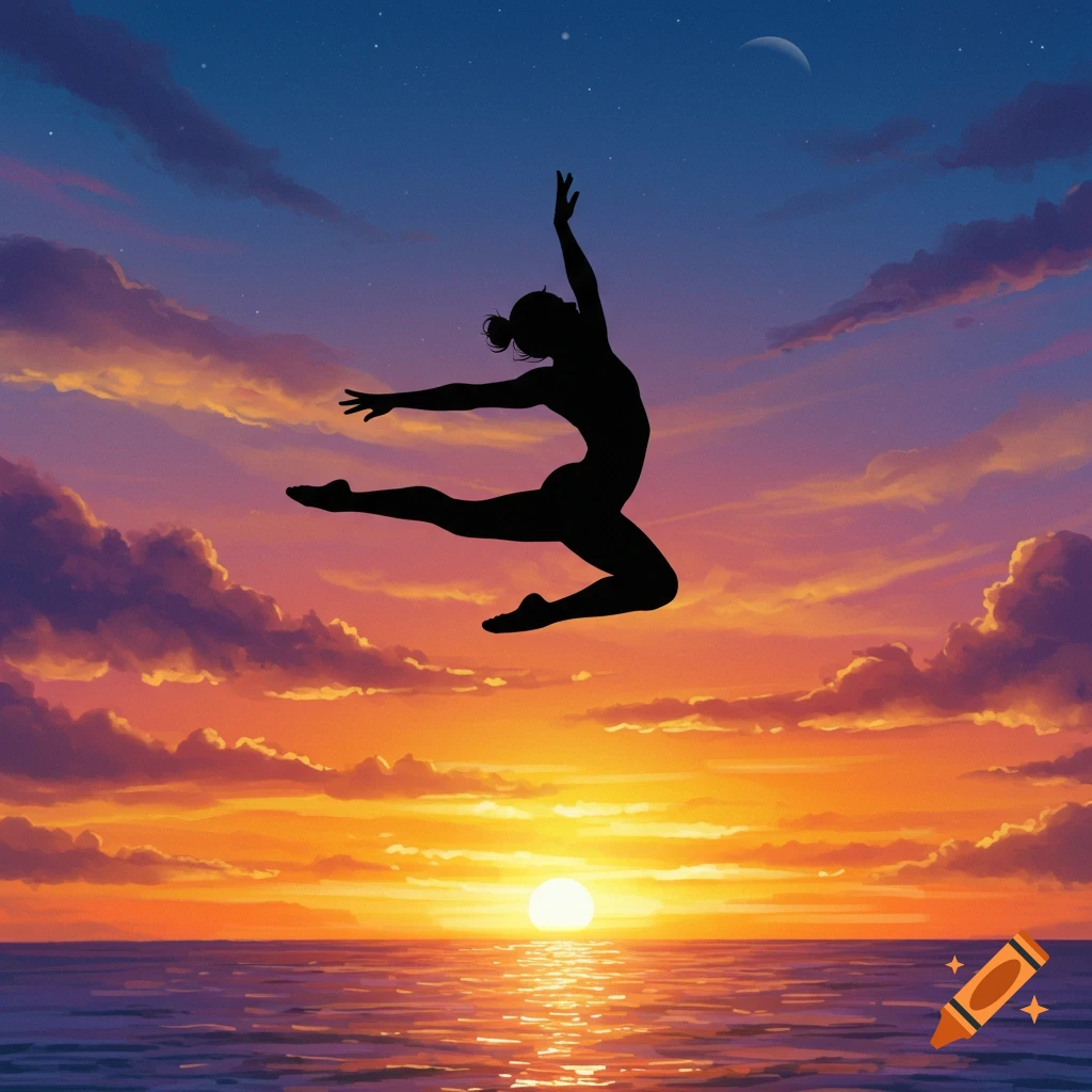 Silhouette of a person performing acrobatics against a vibrant orange and purple sunset over the ocean.