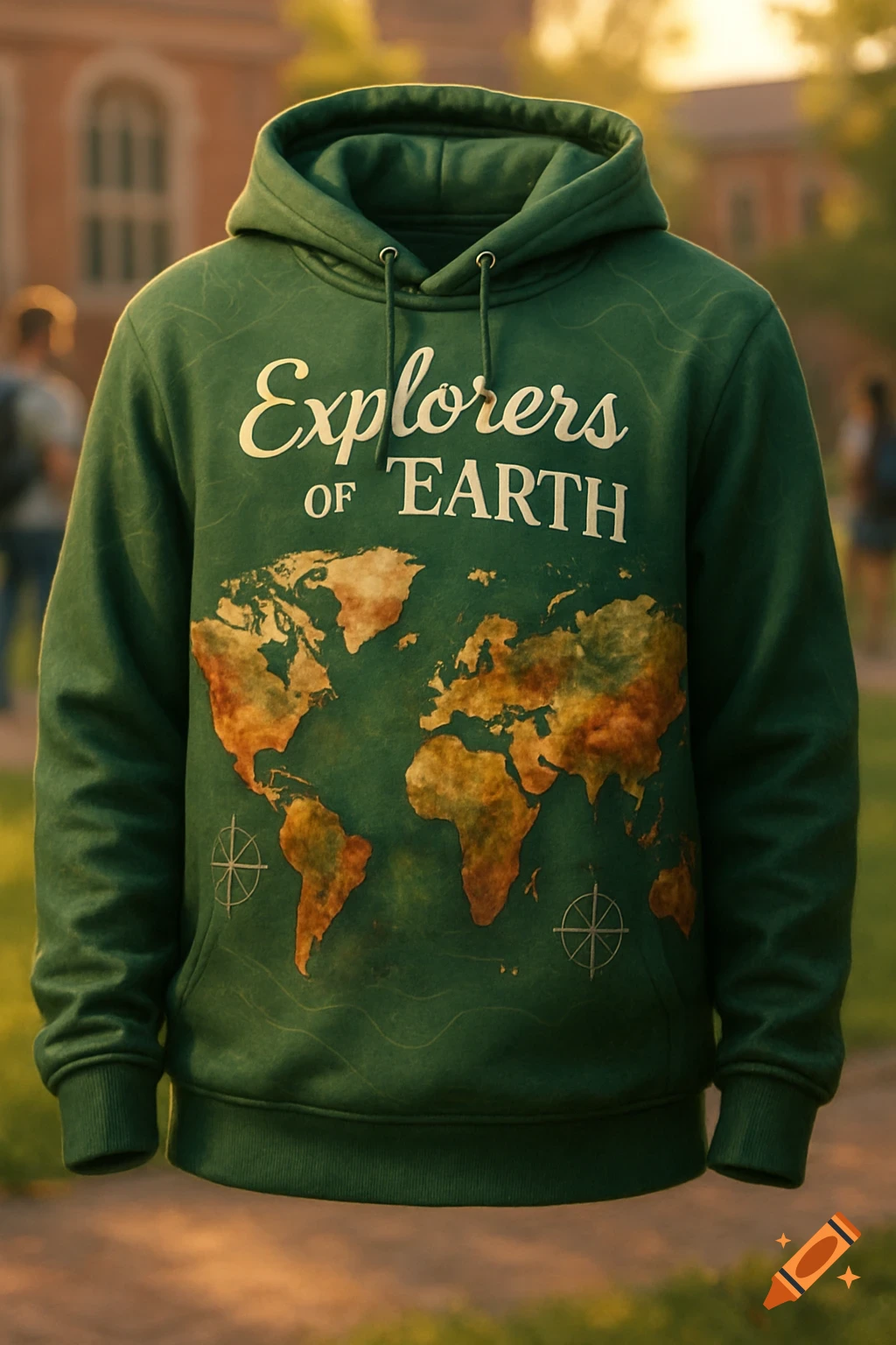A green hoodie with 'Explorers OF EARTH' text and a watercolor-style world map on the front, set outdoors.