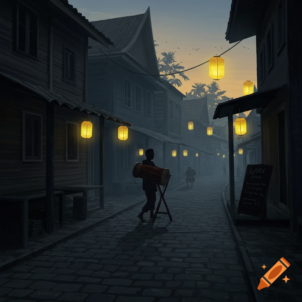 A person carries a drum down a narrow, cobblestone street lined with traditional buildings and glowing paper lanterns at dusk. Painterly style.