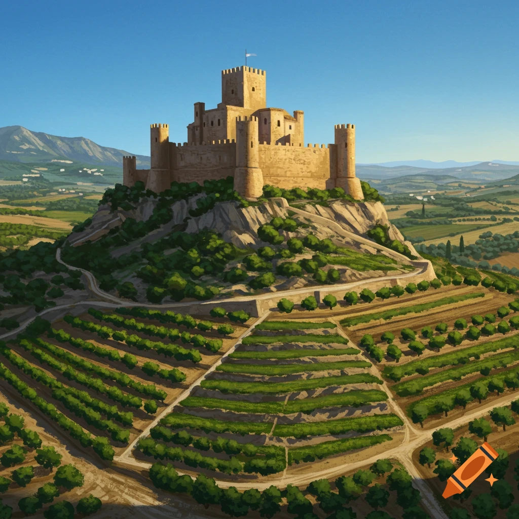 A stone castle with multiple towers sits atop a rocky hill, surrounded by green terraced fields and distant mountains under a clear blue sky.