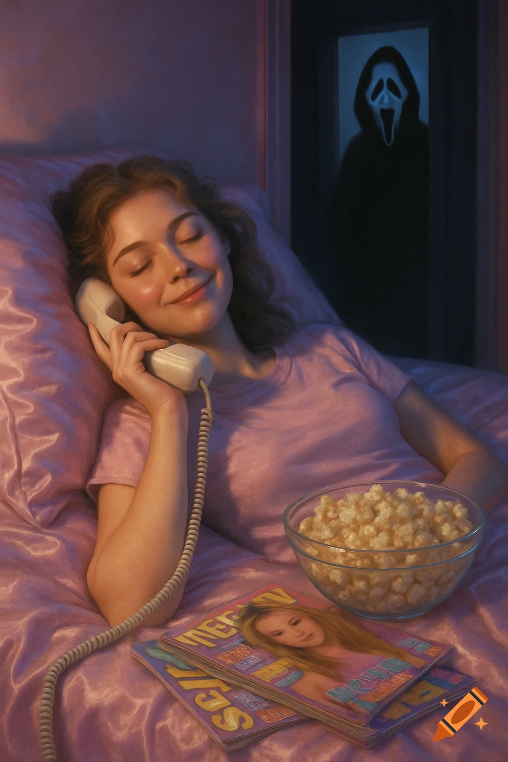 A young woman talks on a retro phone in bed, smiling dreamily. A bowl of popcorn and 90s magazines are beside her. In the background, Ghostface stands in a dark doorway.