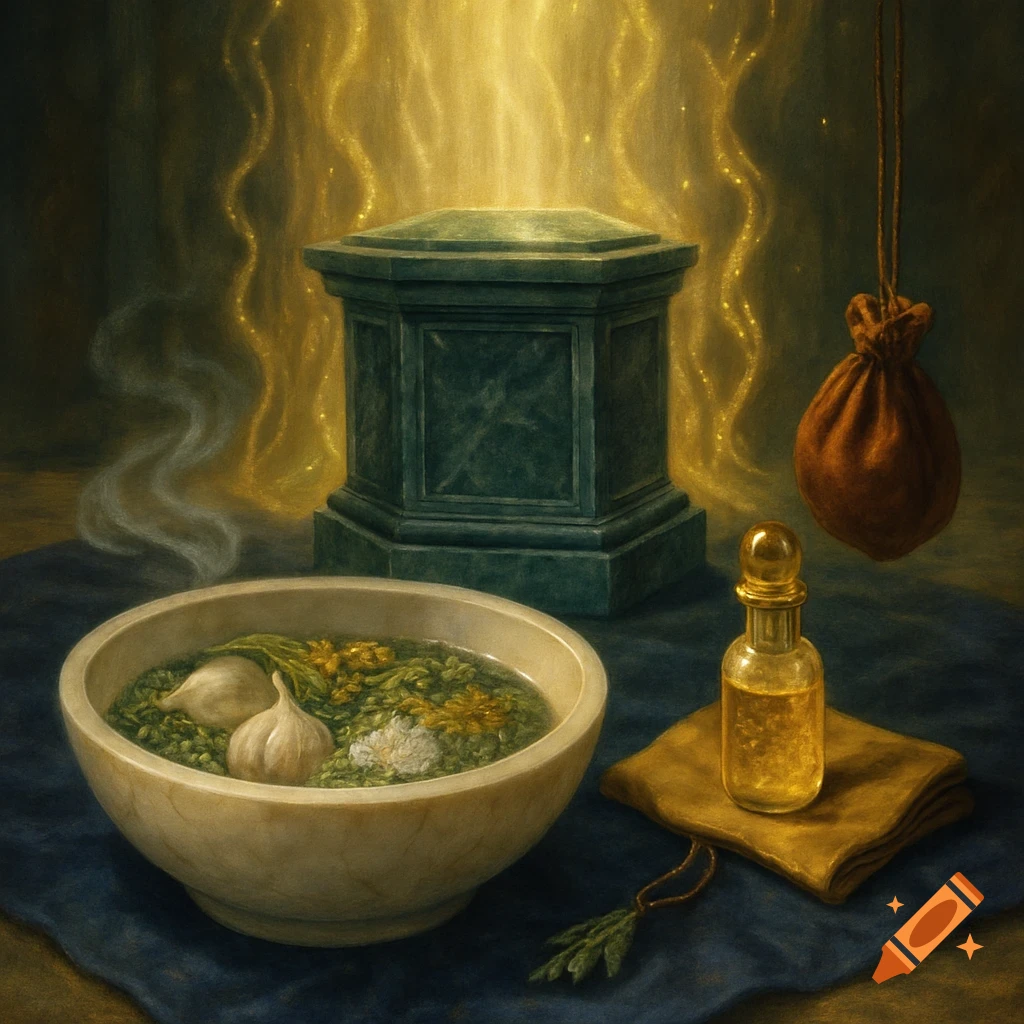 A mystical still life featuring a bowl of herbs and garlic, a golden potion bottle, and a brown pouch, all arranged before a glowing stone altar.