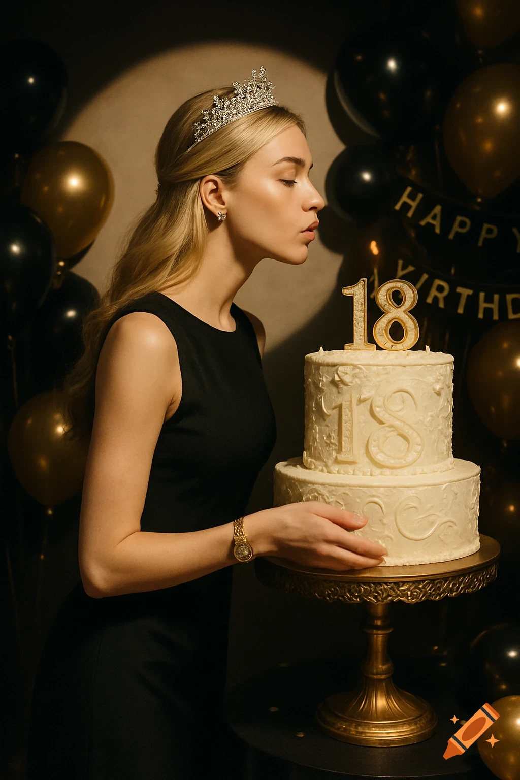 A blonde woman in a black dress and tiara blows out an '18' candle on a birthday cake, surrounded by balloons. Photorealistic.