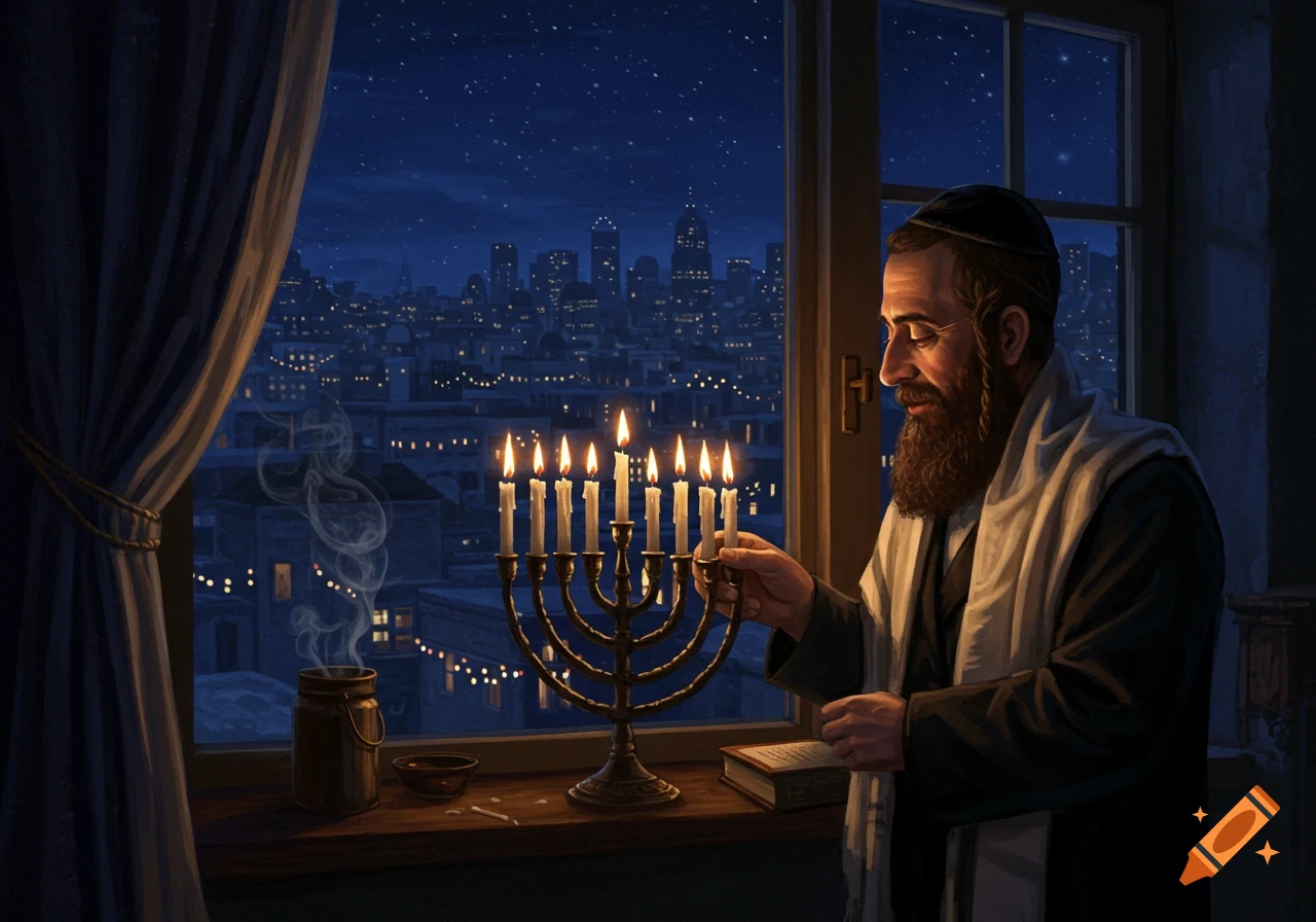 A bearded Jewish man lights a Hanukkah menorah by a window at night, with a city view. Digital art.